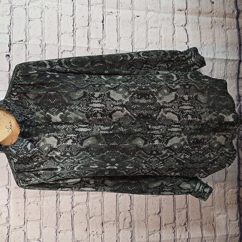 INC International Concepts Black Gray Snake Print Buttoned Blouse Size L EUC